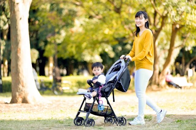 ベビーカーを押す母親と子ども